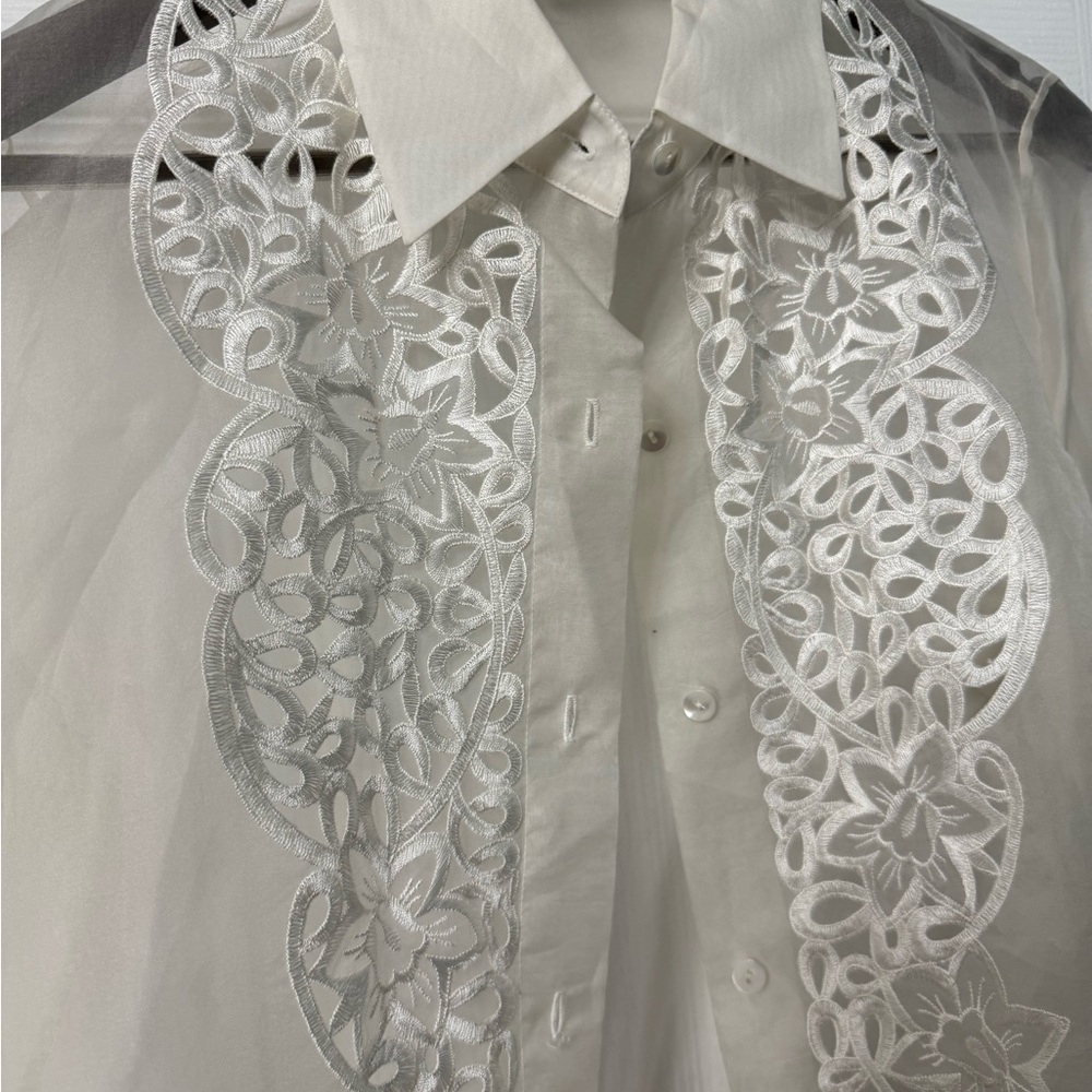 Elegant White 100% Silk Sheer Blouse with Lace Detail